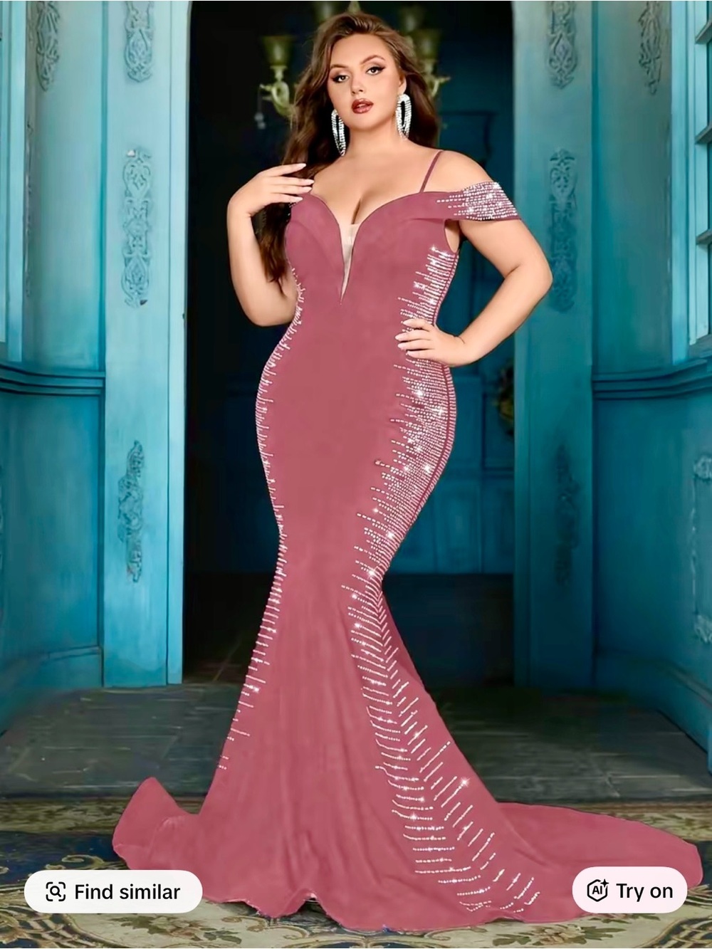 NWT Elegant Plus-Size Rose Pink Mermaid Evening Dress with Off-Shoulder Detail